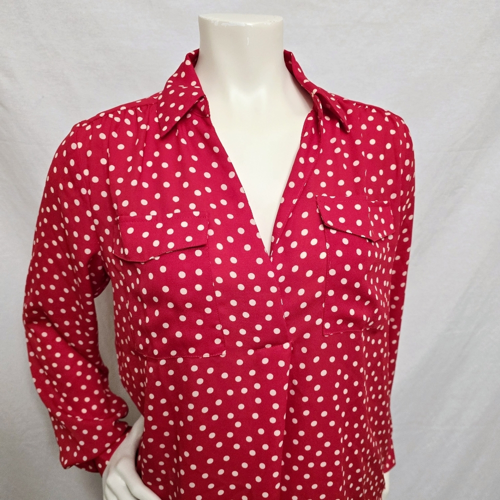 Ann Taylor Long Sleeve Red With White Polka Dot Camp Shirt Small Petite
